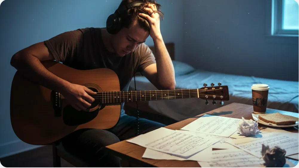 Compositor frustrado diante de suas ideias ainda não produzidas